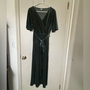 Deep Green Velvet Wrap Maxi Jumpsuit with Self Tie Belt